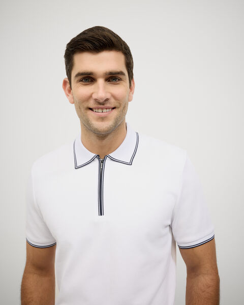 Textured Zip Collar Polo, White, hi-res